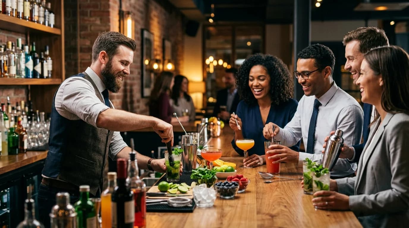Team members mixing cocktails at a cocktail workshop in Frankfurt with a professional bartender