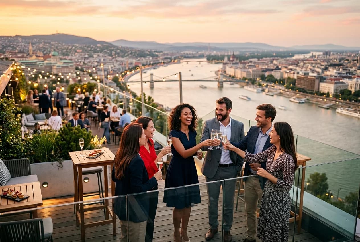 Company event venue in Frankfurt with iconic skyline and Main River views