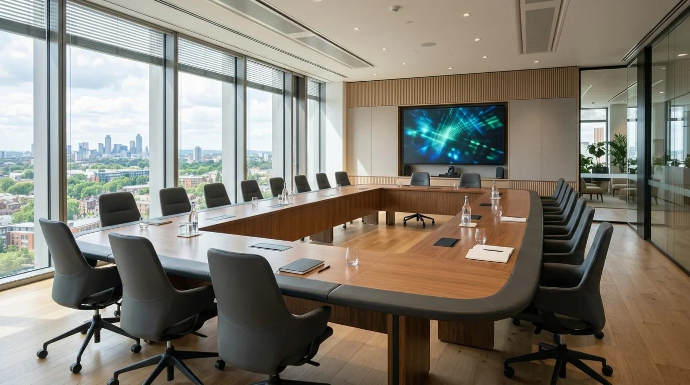 AV technician setting up projection and sound at a Frankfurt corporate conference