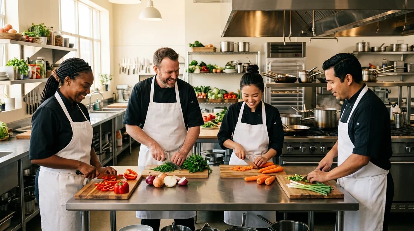 Team cooking class in a professional Frankfurt kitchen preparing Hessian specialties