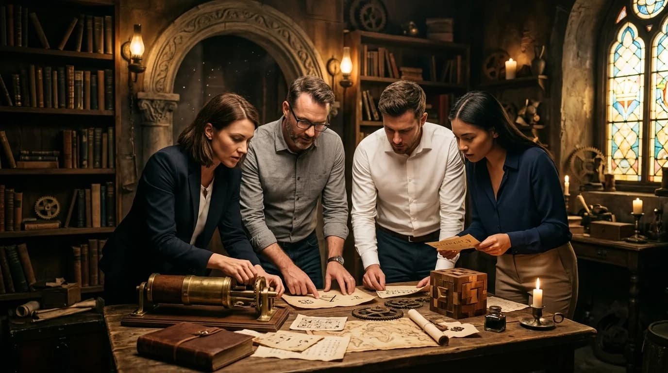 Corporate team solving puzzles in an immersive escape room in Frankfurt