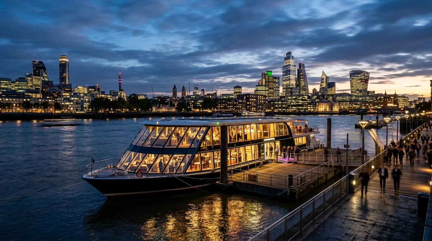 Event boat cruise on the Main river with Frankfurt skyline