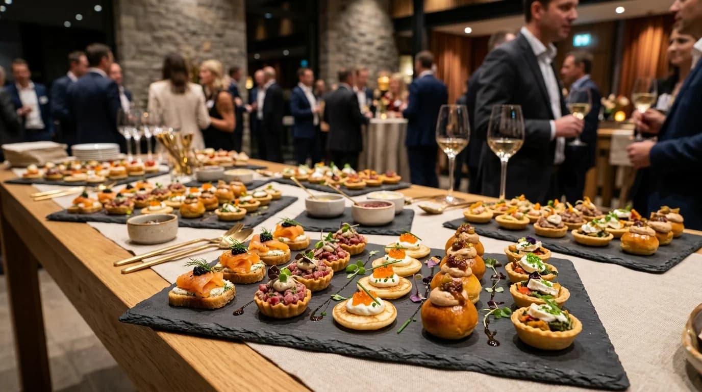 Elegant fingerfood and canape platters at a corporate reception in Frankfurt