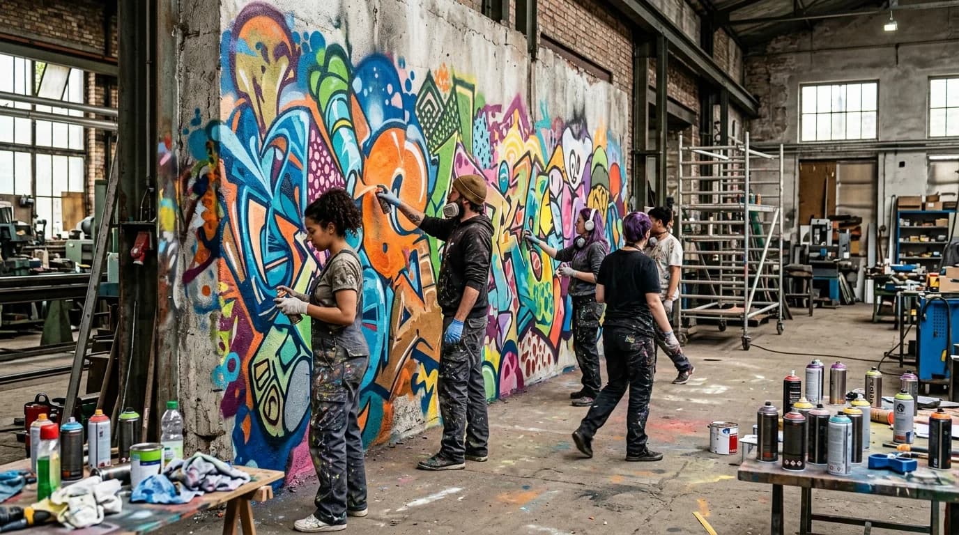 Team spray-painting a colourful mural at a graffiti workshop in Frankfurt Ostend
