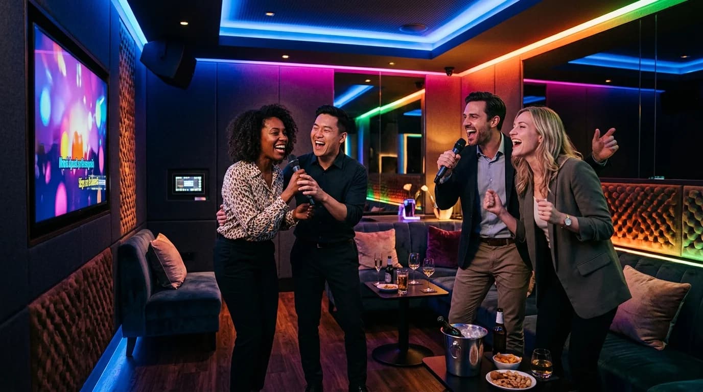 Team karaoke night in a private room in Frankfurt with colleagues singing together