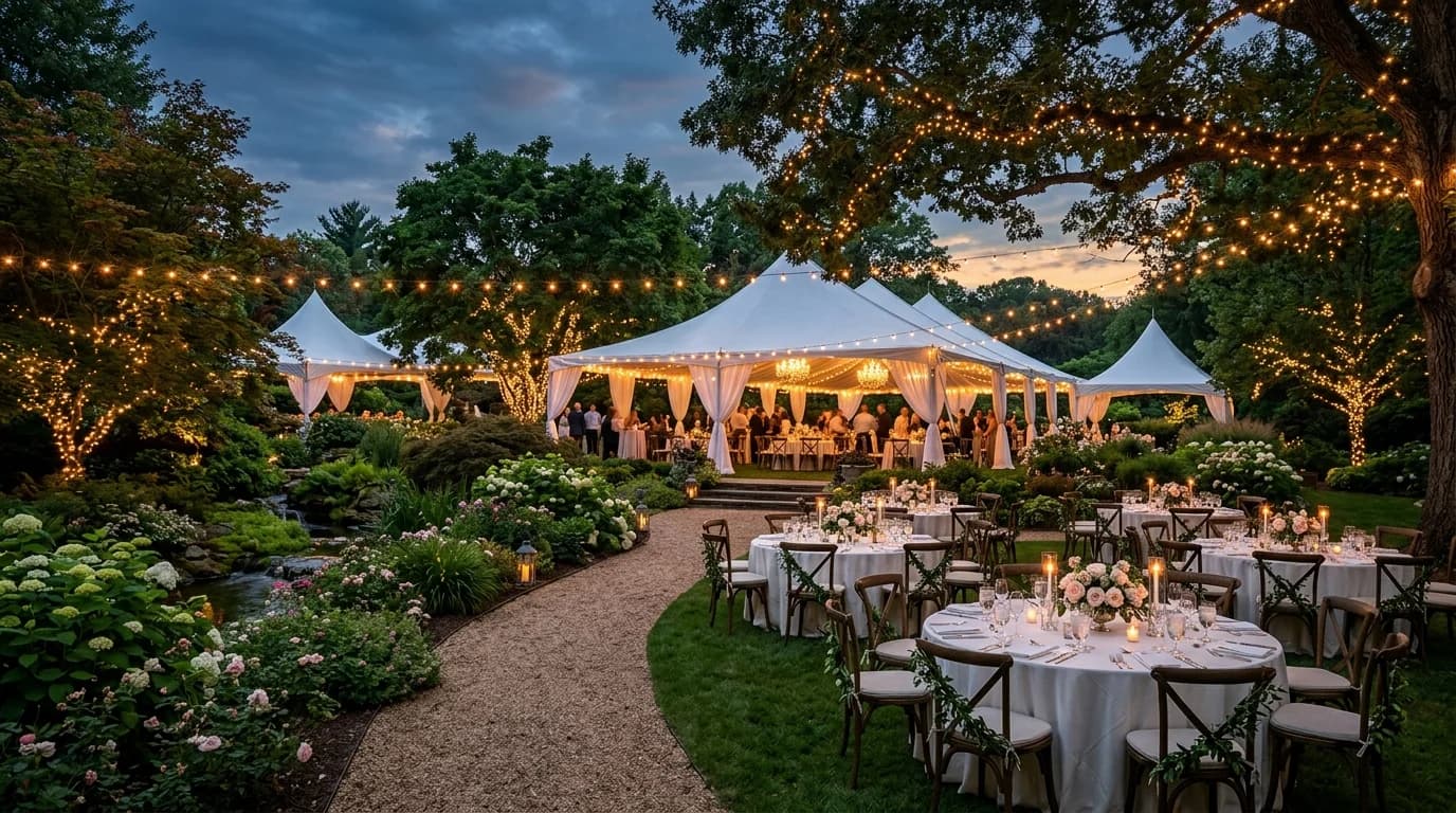 Outdoor garden event venue in Frankfurt along the Main river with skyline backdrop