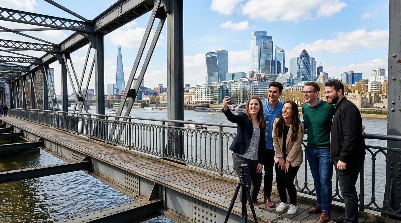 Team capturing skyline photos during a photo rally on the Eiserner Steg bridge in Frankfurt