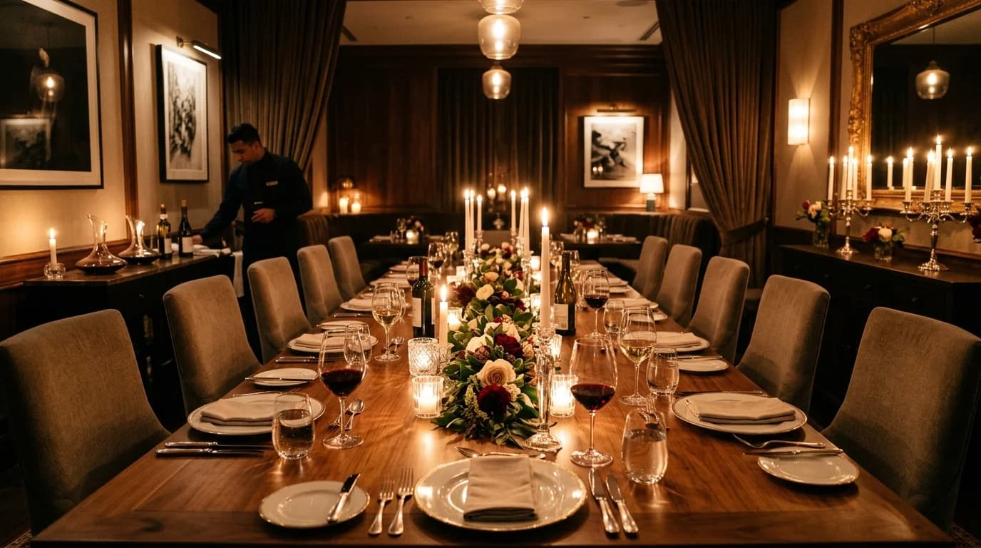 Private dining room in a Frankfurt restaurant set for a corporate dinner event