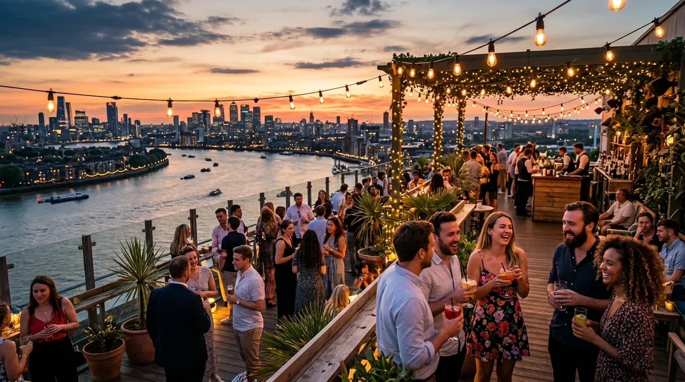 Corporate summer party along the Main river in Frankfurt with skyline sunset