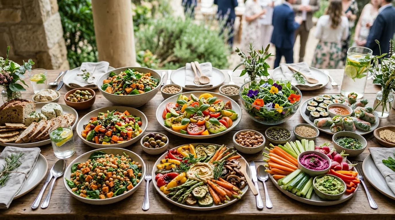 Creative vegan catering spread at a corporate event in Frankfurt with colourful plant-based dishes
