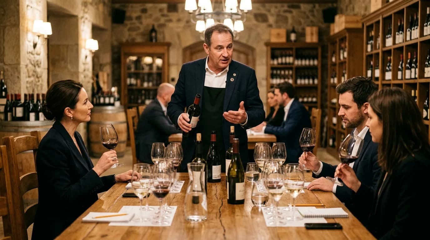 Team wine tasting event in Frankfurt with sommelier presenting Rheingau wines