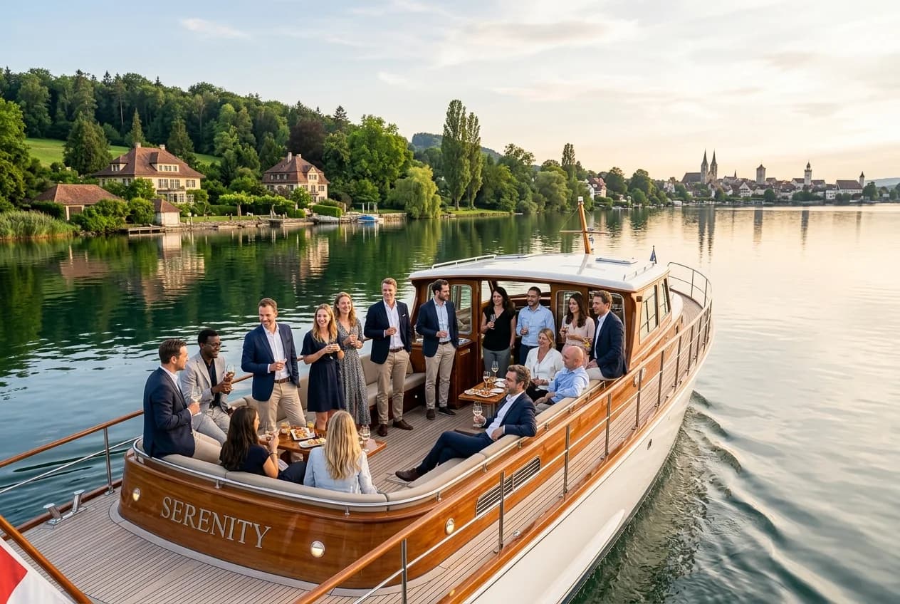 Corporate team on an Alster boat tour in Hamburg with the city skyline in the background