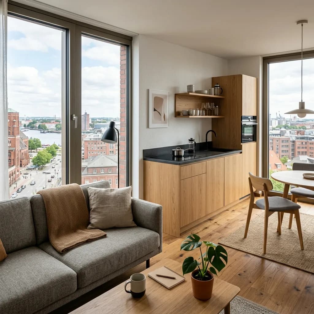 Modern serviced apartment interior in Hamburg HafenCity with kitchenette and harbor view