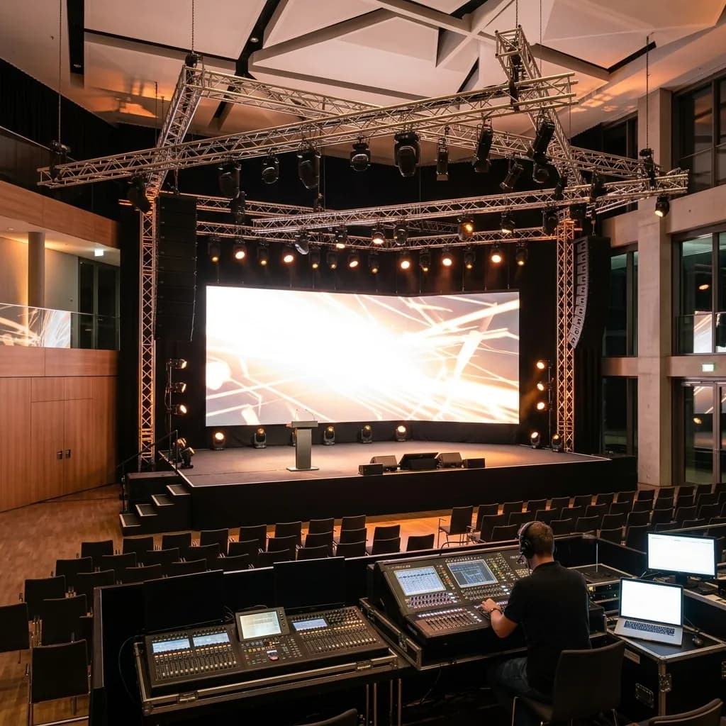 Audio-visual technician setting up projector and sound system at a Hamburg corporate conference