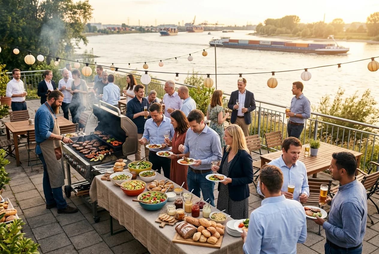 Corporate BBQ and grill buffet at an outdoor team event in Hamburg with Elbe views