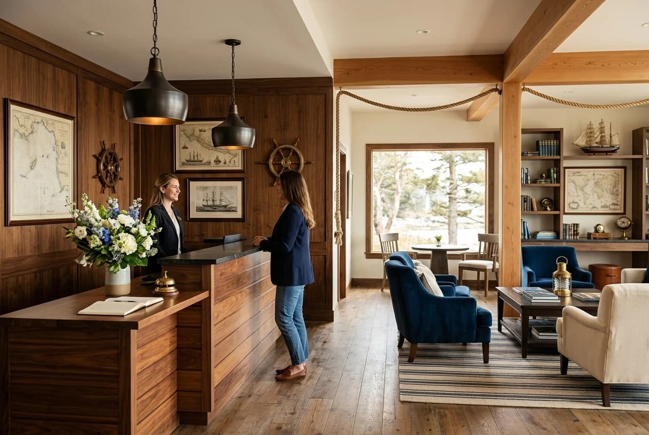 Stylish boutique hotel lobby in Hamburg with maritime design elements and warm lighting