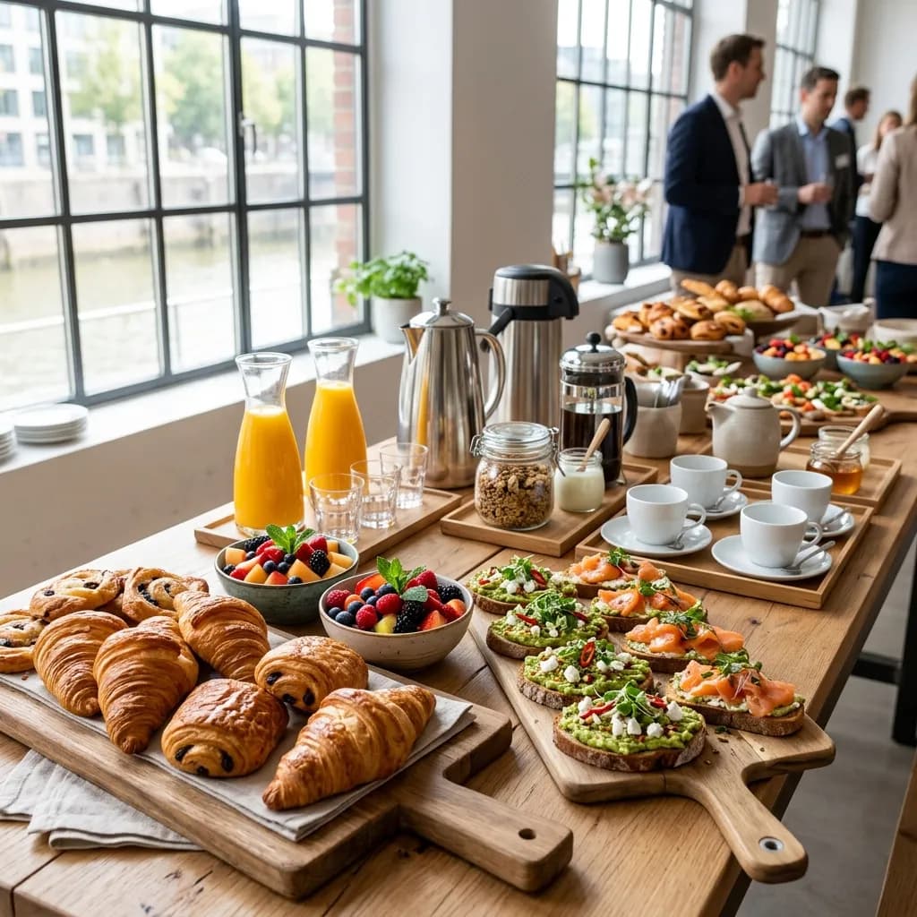 Corporate brunch catering spread with Franzbrötchen and fresh pastries in a Hamburg venue