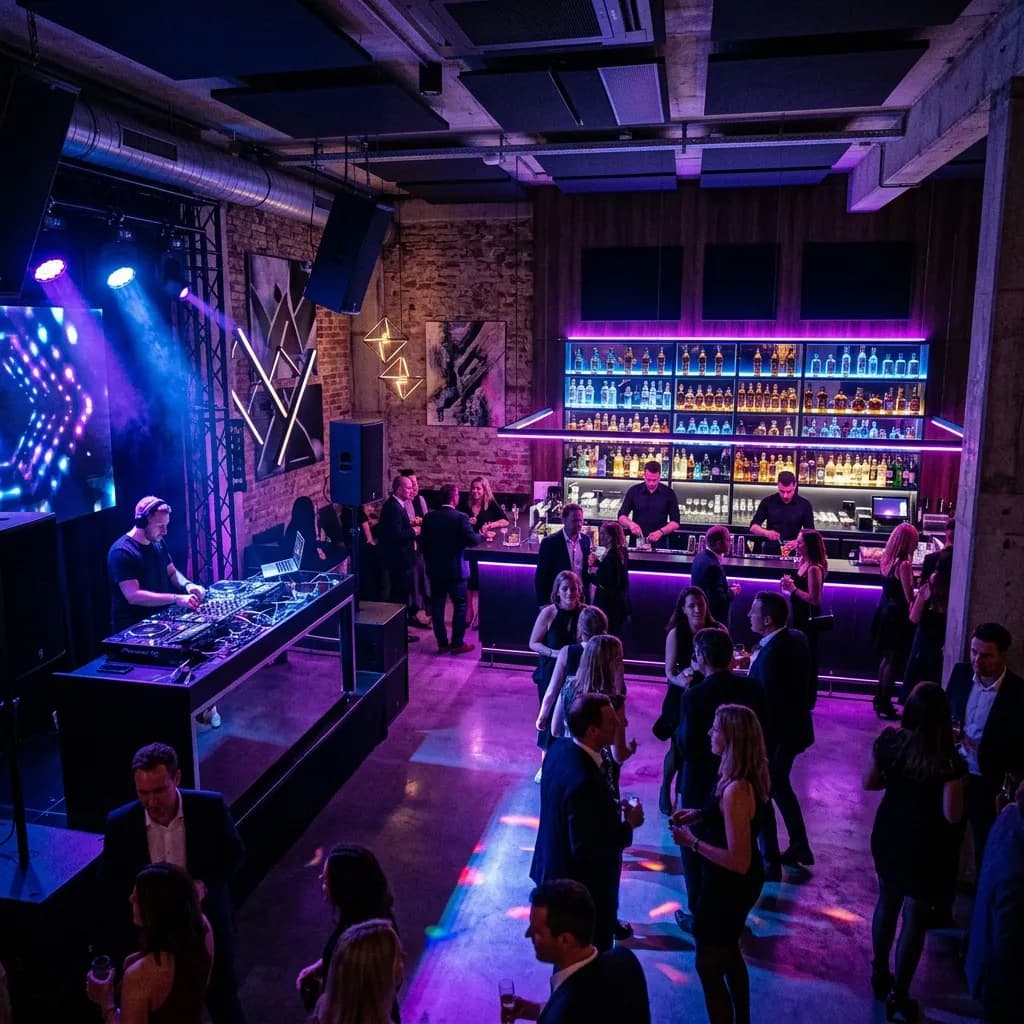 Modern club venue on Hamburg's Reeperbahn set up for a corporate party with DJ booth and atmospheric lighting