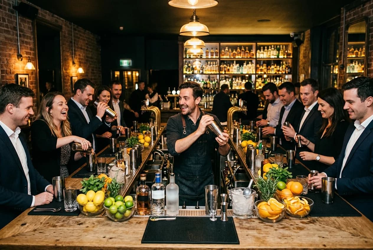 Corporate team learning cocktail mixing at a bar workshop in Hamburg St. Pauli