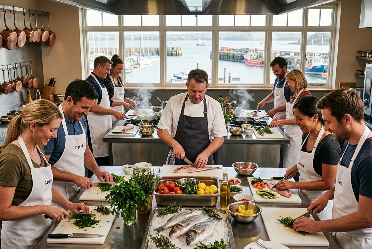 Team cooking class in a professional Hamburg kitchen preparing fresh fish dishes together