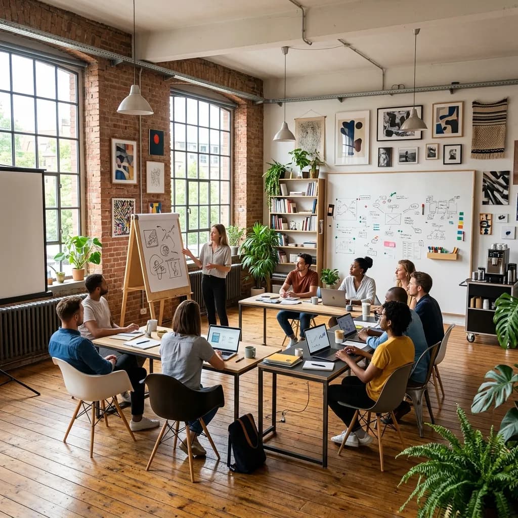 Creative loft event space in Hamburg Schanzenviertel with exposed brick and flexible workshop layout