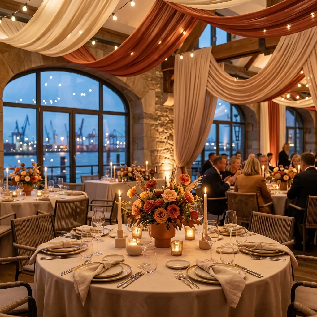 Event stylist arranging floral decorations at a corporate venue in Hamburg Speicherstadt
