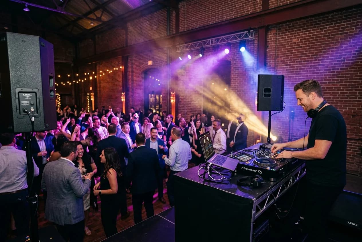 DJ performing at a corporate event in Hamburg with professional lighting and dance floor
