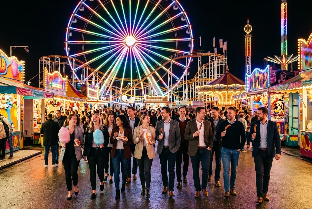 Team enjoying Hamburg DOM fun fair with Ferris wheel and colorful lights at night