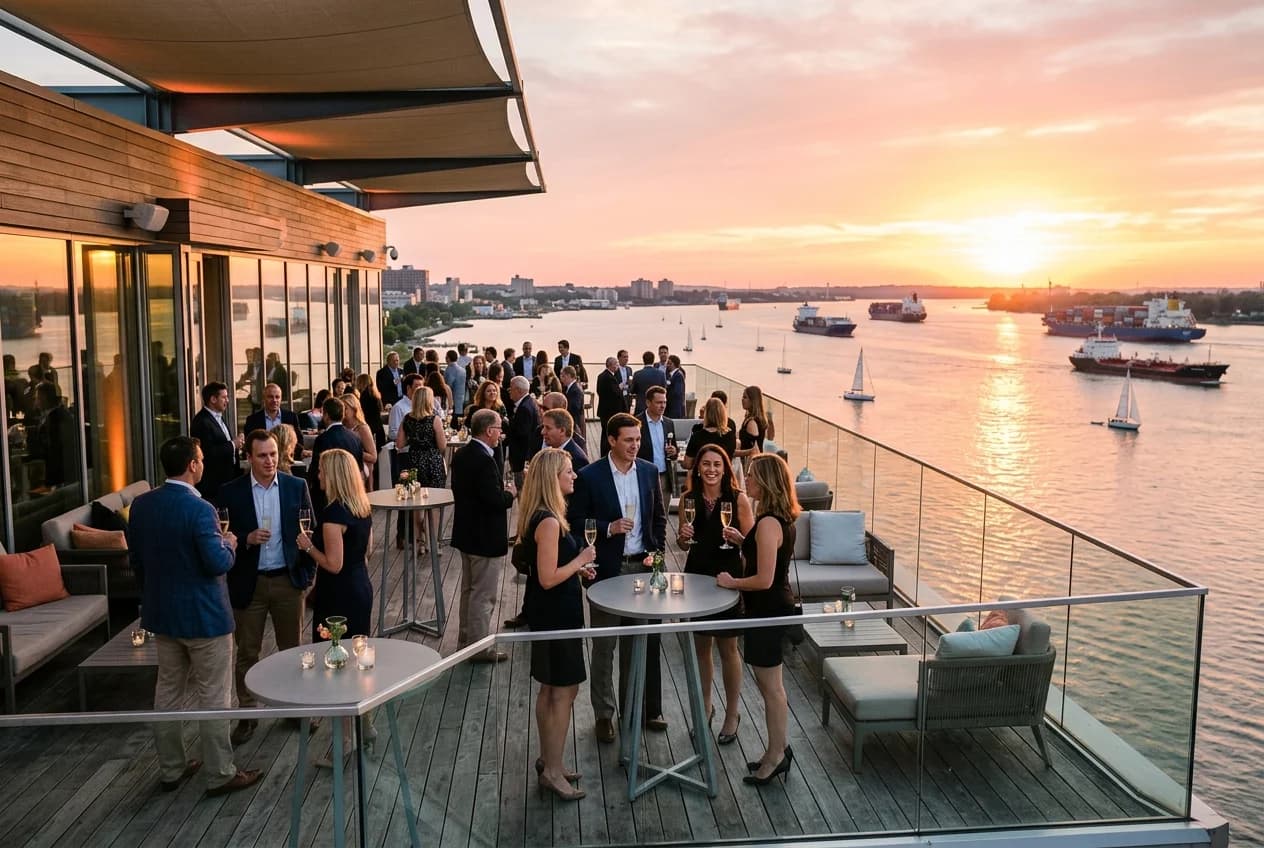 Elegant waterfront terrace event venue in Hamburg with Elbe river panorama at sunset