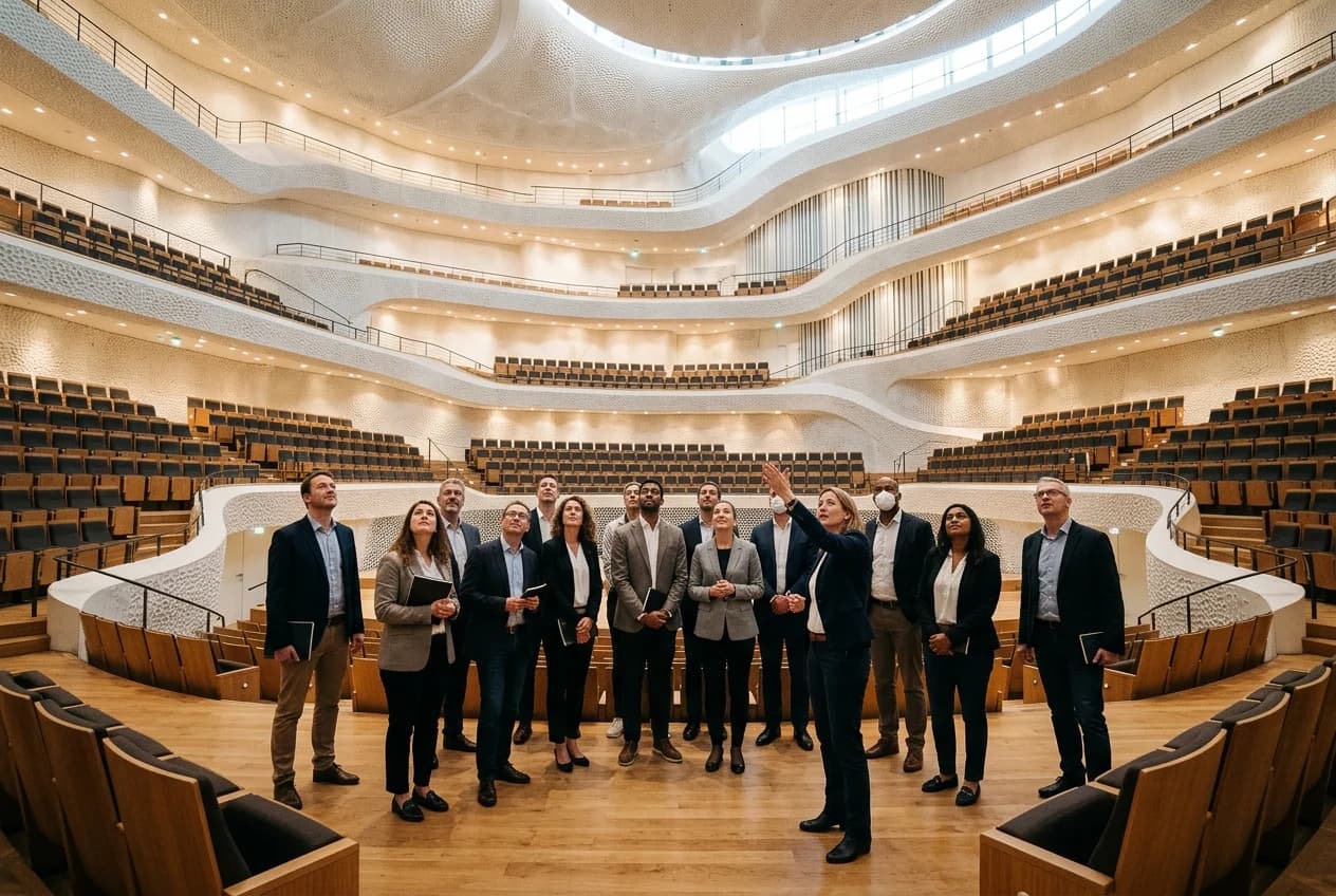 Corporate group on a guided tour inside the Hamburg Elbphilharmonie Grand Hall