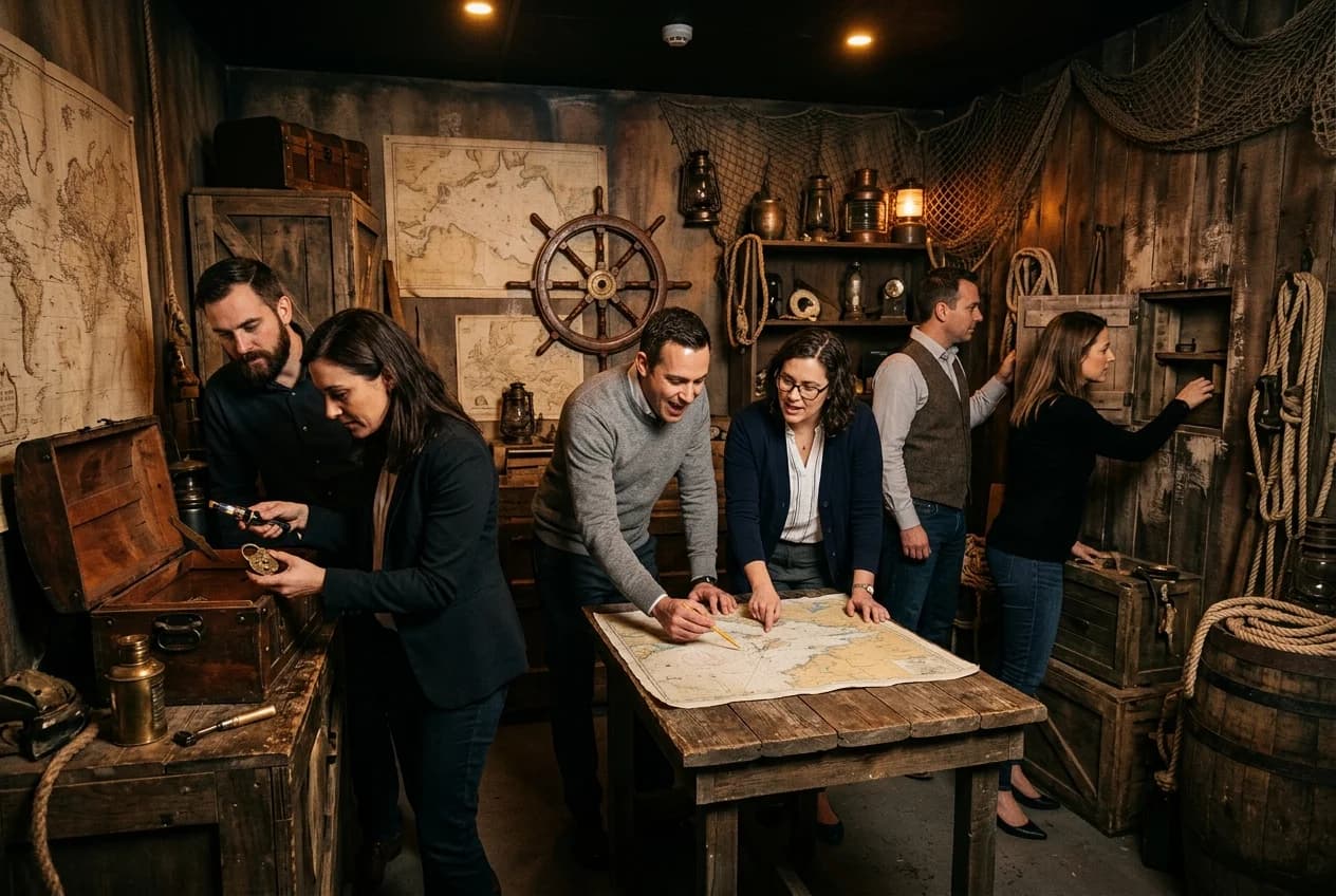 Corporate team solving puzzles together in a themed escape room in Hamburg