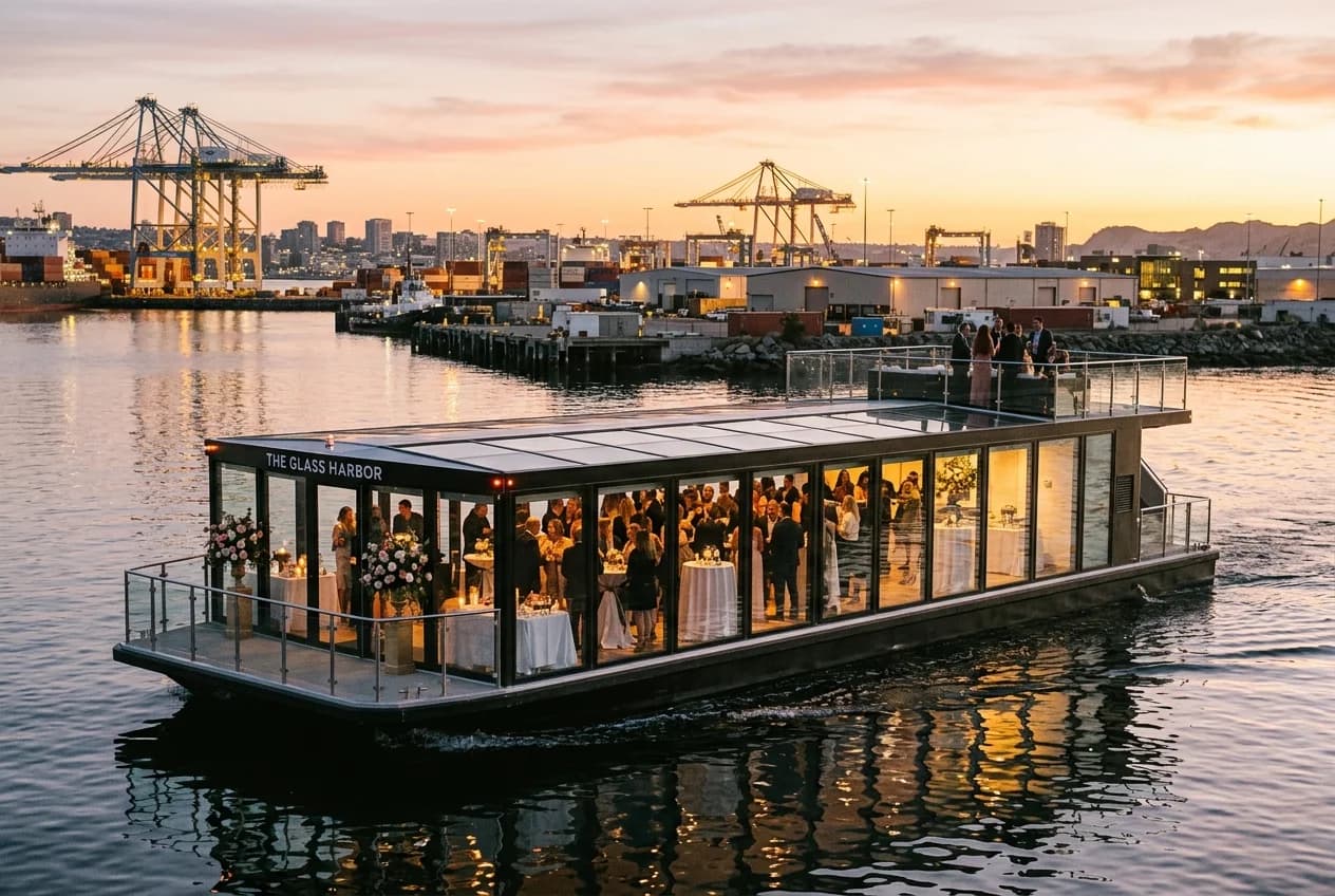 Corporate event boat cruising Hamburg harbor with Elbphilharmonie and city skyline at sunset