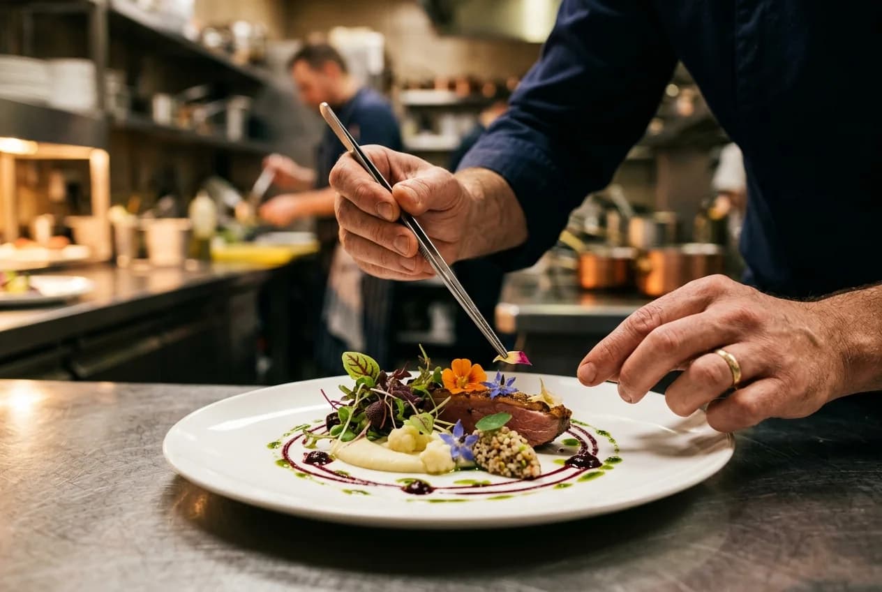 Private chef plating a gourmet dish at an exclusive corporate dinner in Hamburg