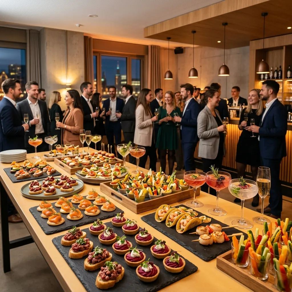 Elegant fingerfood and cocktail reception at a corporate event in Hamburg with harbor views