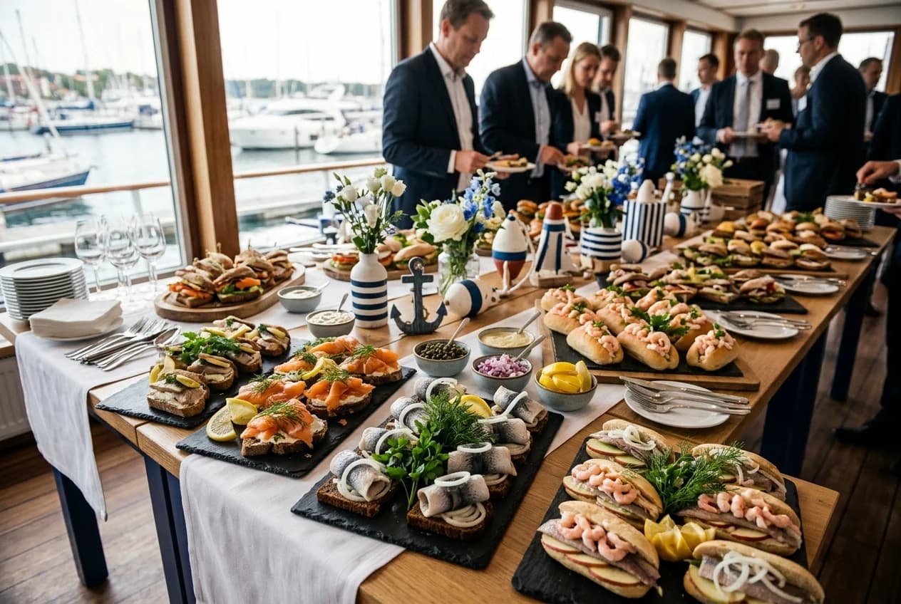 Maritime Fischbrötchen catering spread at a corporate event in Hamburg with harbor views