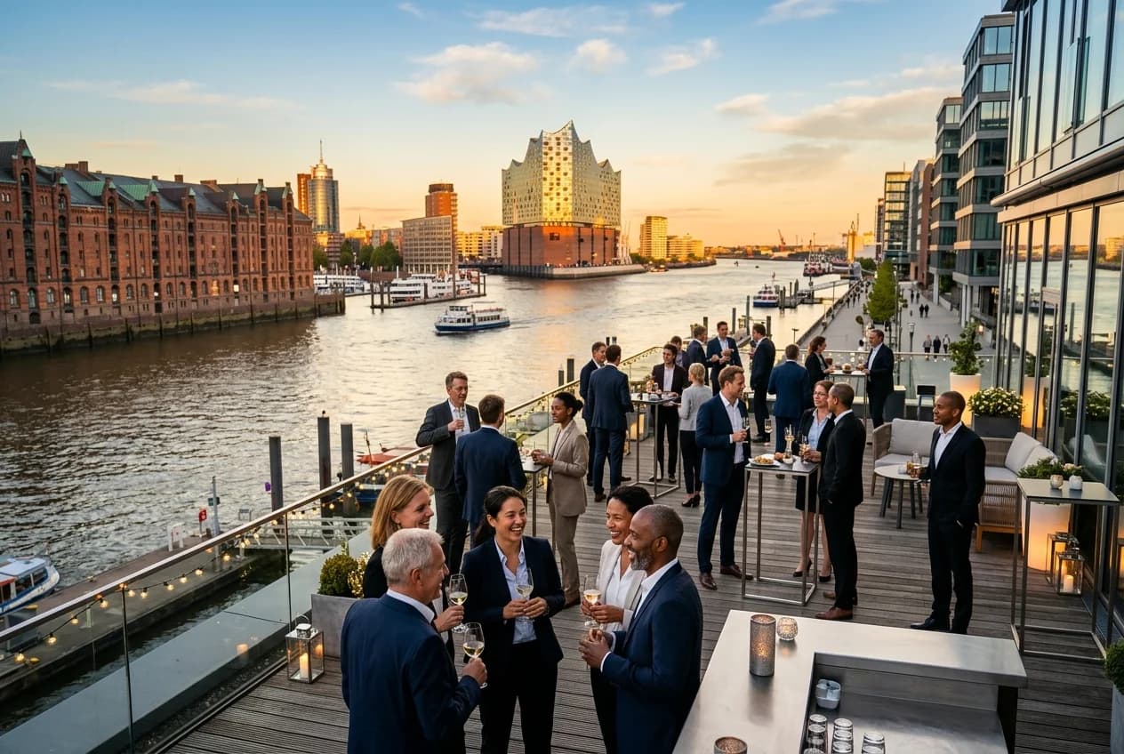 Modern waterfront event space in Hamburg HafenCity with Elbphilharmonie in the background
