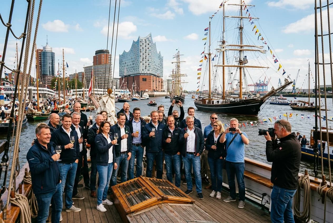 Tall ships at Hamburg Hafengeburtstag harbor festival with corporate team on boat viewing