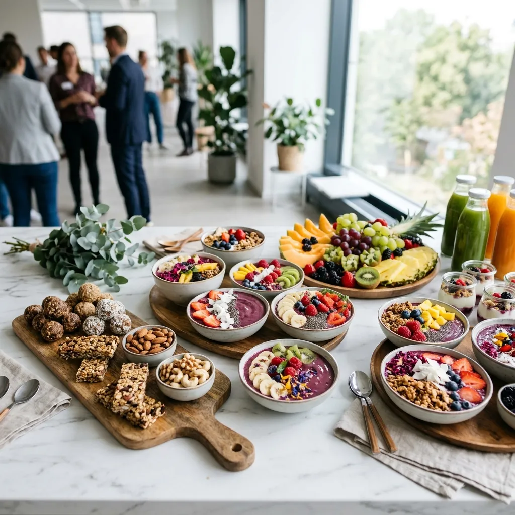 Healthy acai and grain bowls at a corporate team event catering station in Hamburg