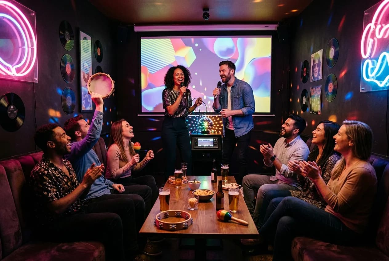 Team singing karaoke in a private room with neon lights at a St. Pauli venue in Hamburg