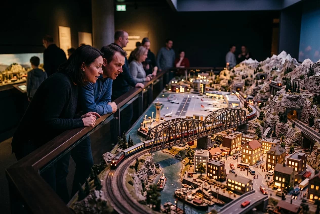Corporate team visiting Miniatur Wunderland in Hamburg Speicherstadt exploring the miniature worlds