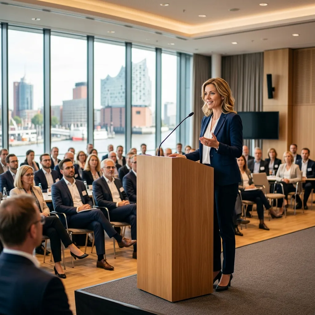 Professional event moderator speaking on stage at a corporate conference in Hamburg