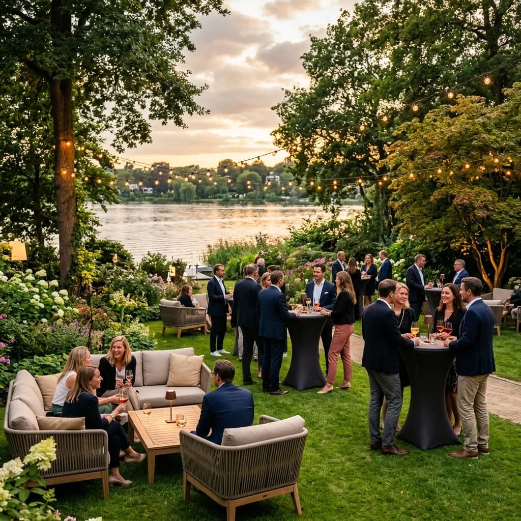 Outdoor garden event venue in Hamburg with string lights and groups of corporate guests in a green setting