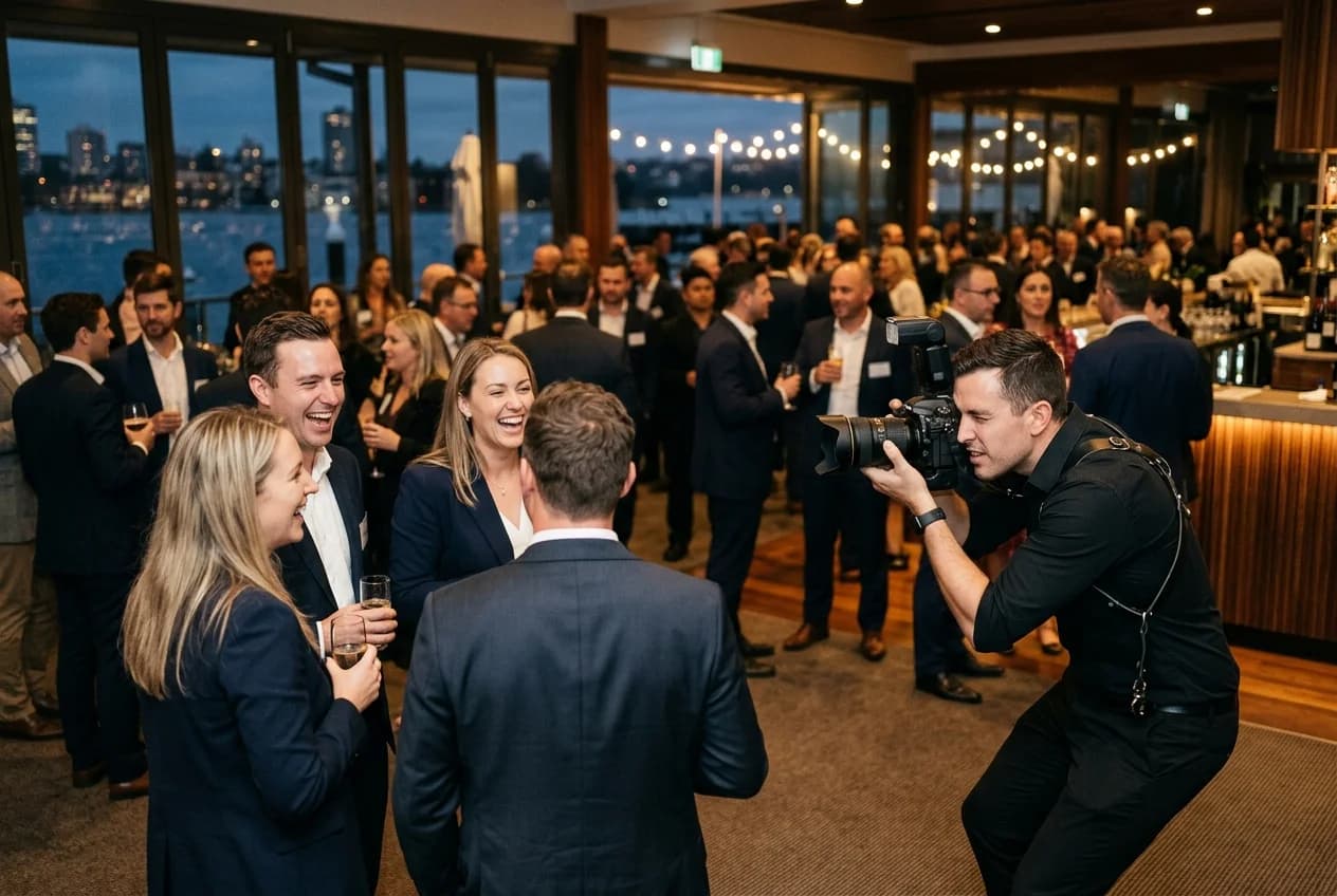 Event photographer in action capturing candid moments at a Hamburg corporate event