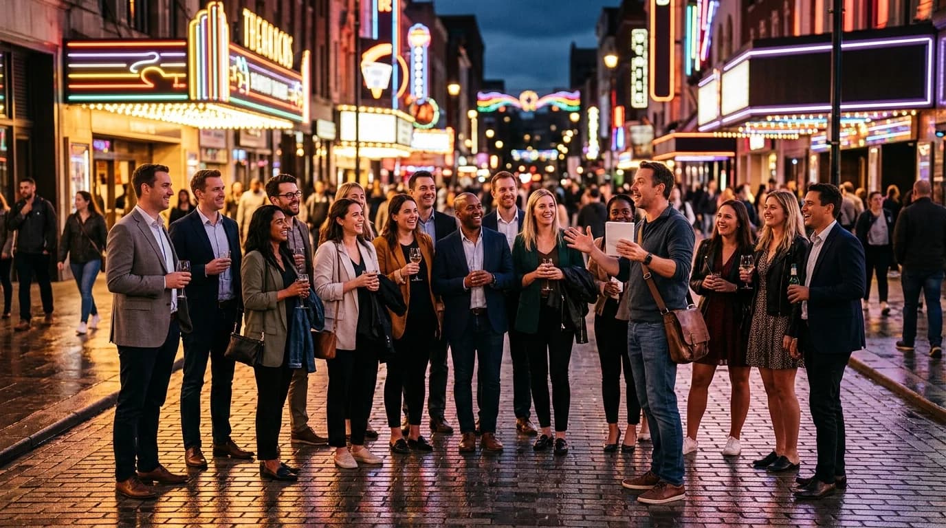 Corporate team on a guided Reeperbahn tour in Hamburg St. Pauli at night with neon lights