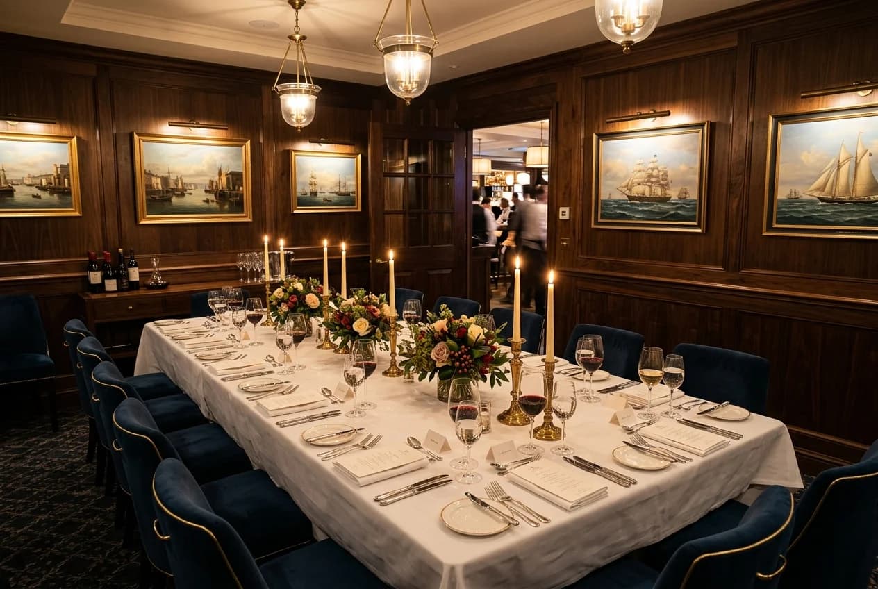 Elegant private dining room at a Hamburg restaurant set for a corporate dinner event