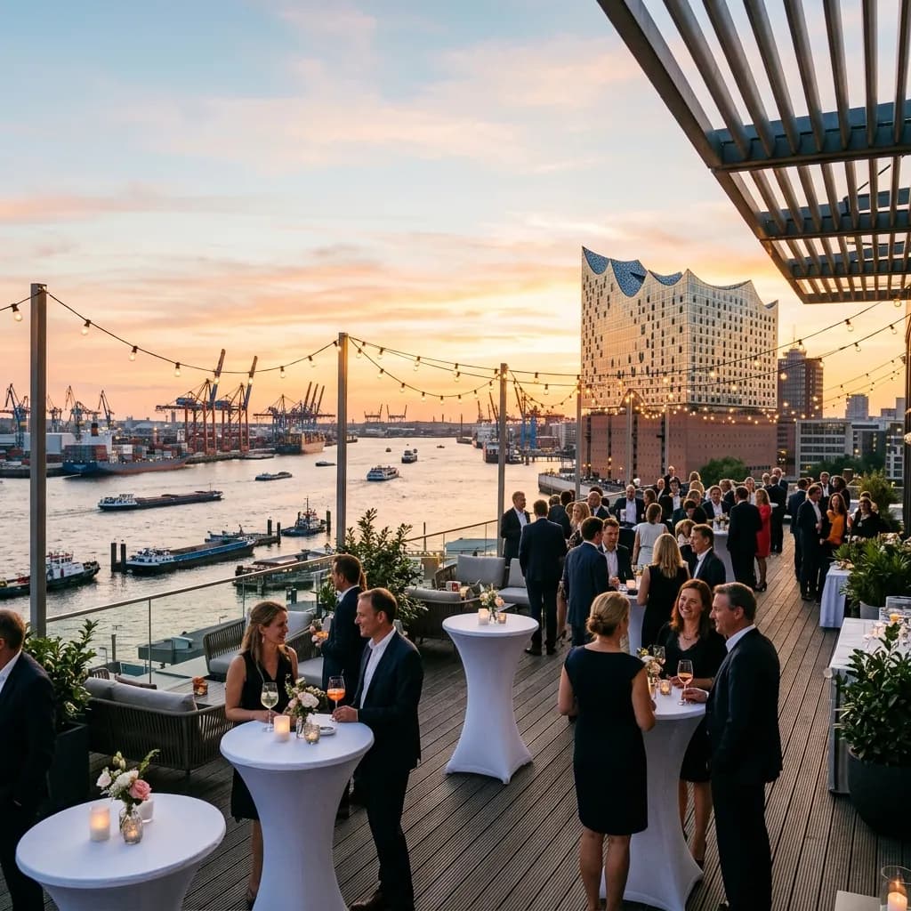 Rooftop terrace event venue in Hamburg with panoramic harbor view and Elbphilharmonie at sunset