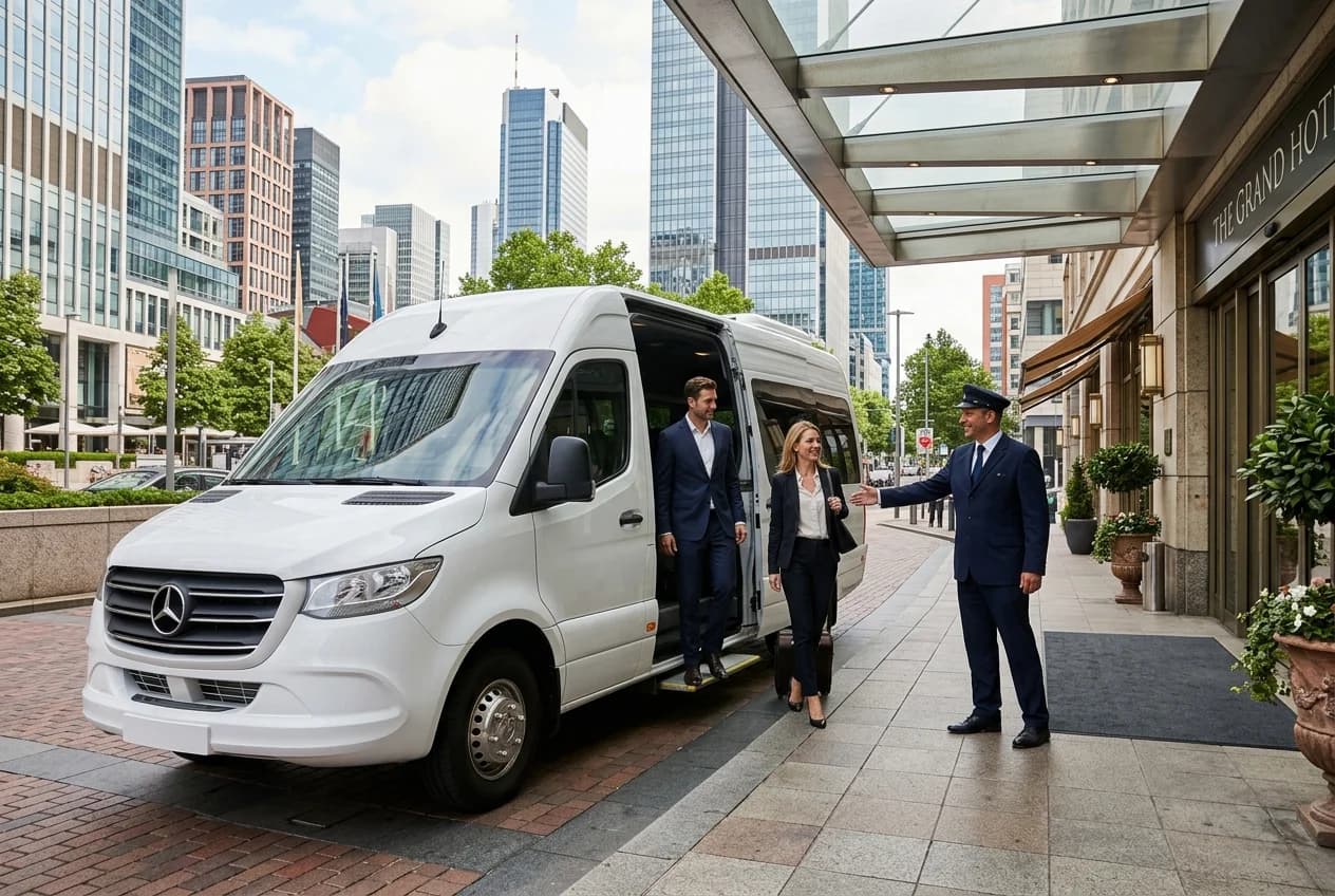 Modern shuttle minibus for corporate team transfer in Hamburg with city backdrop