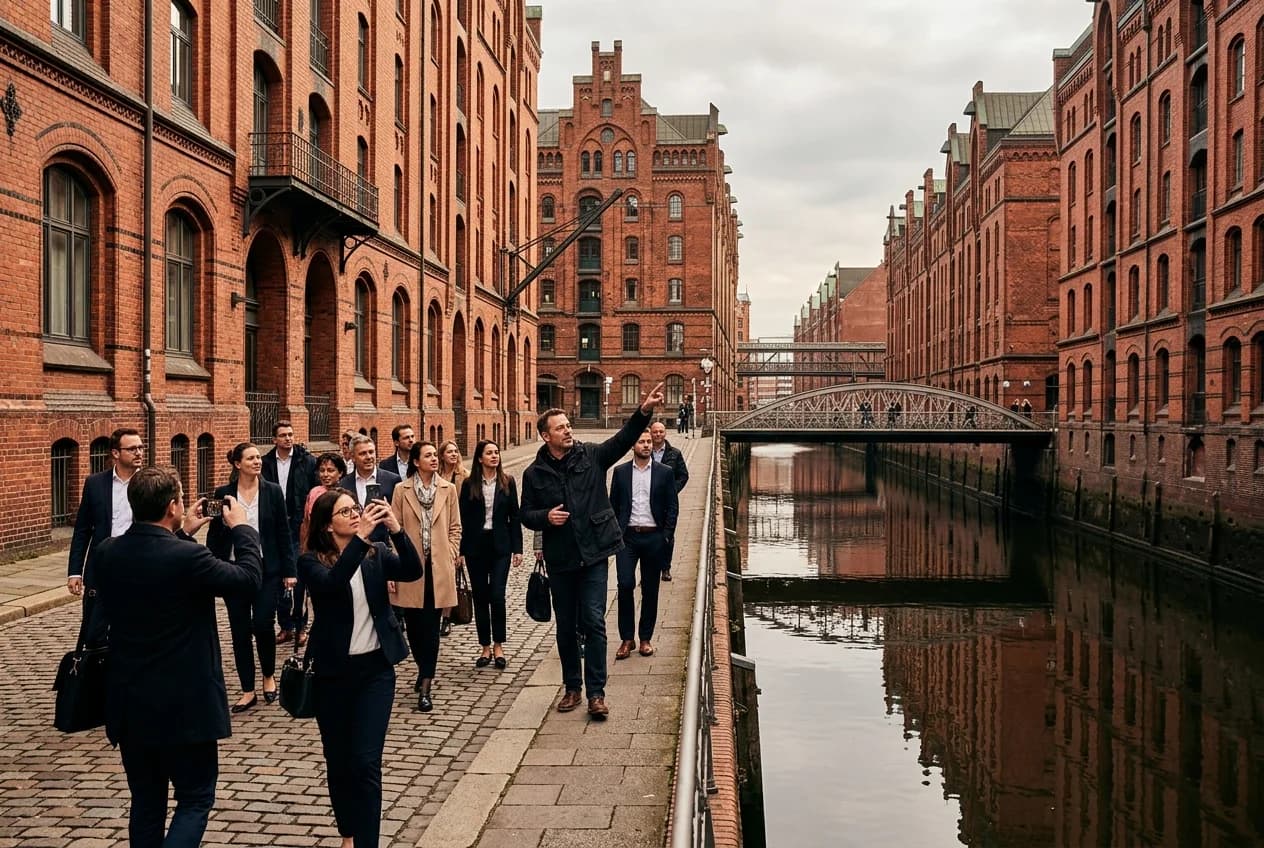 Guided walking tour group in Hamburg Speicherstadt red-brick warehouse district