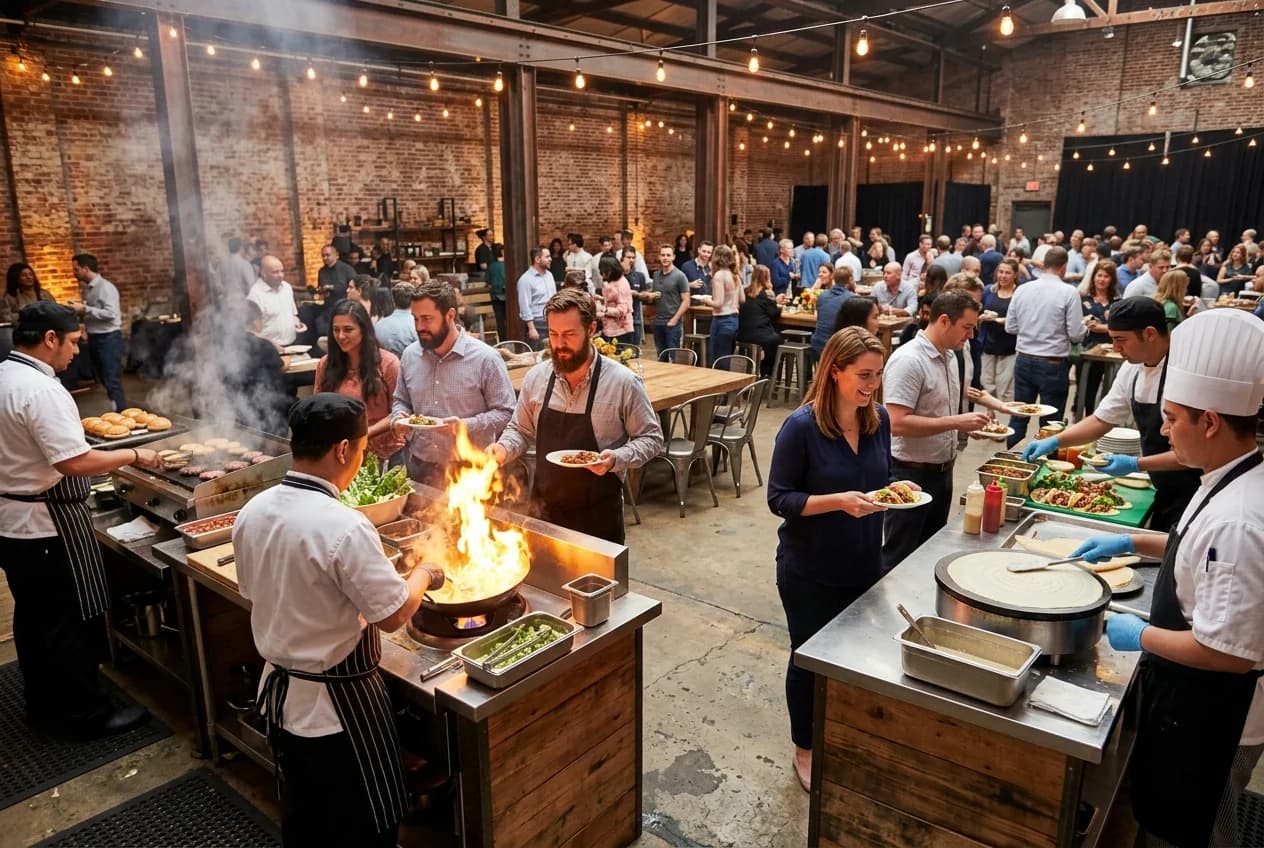 Multiple streetfood stations at a corporate event in Hamburg with live cooking and team members