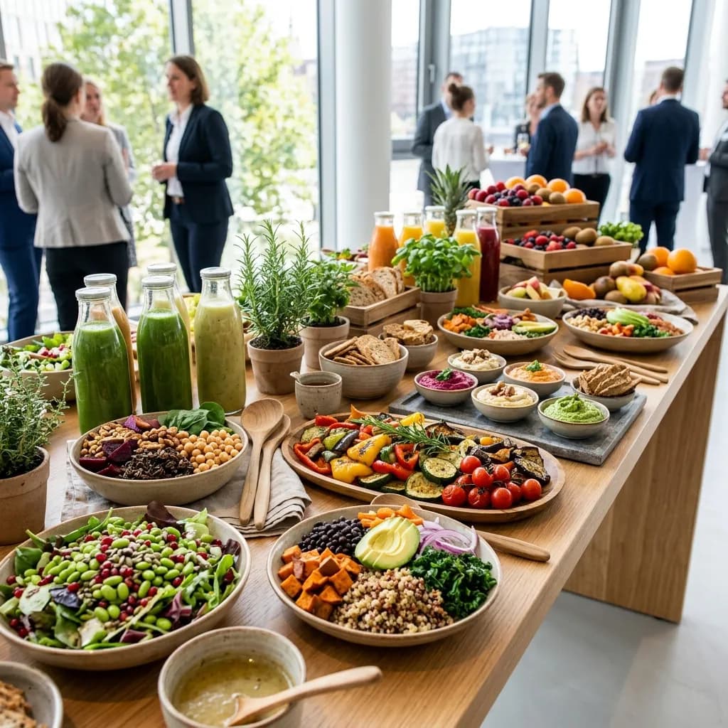 Colorful vegan catering buffet at a team event in Hamburg with plant-based dishes